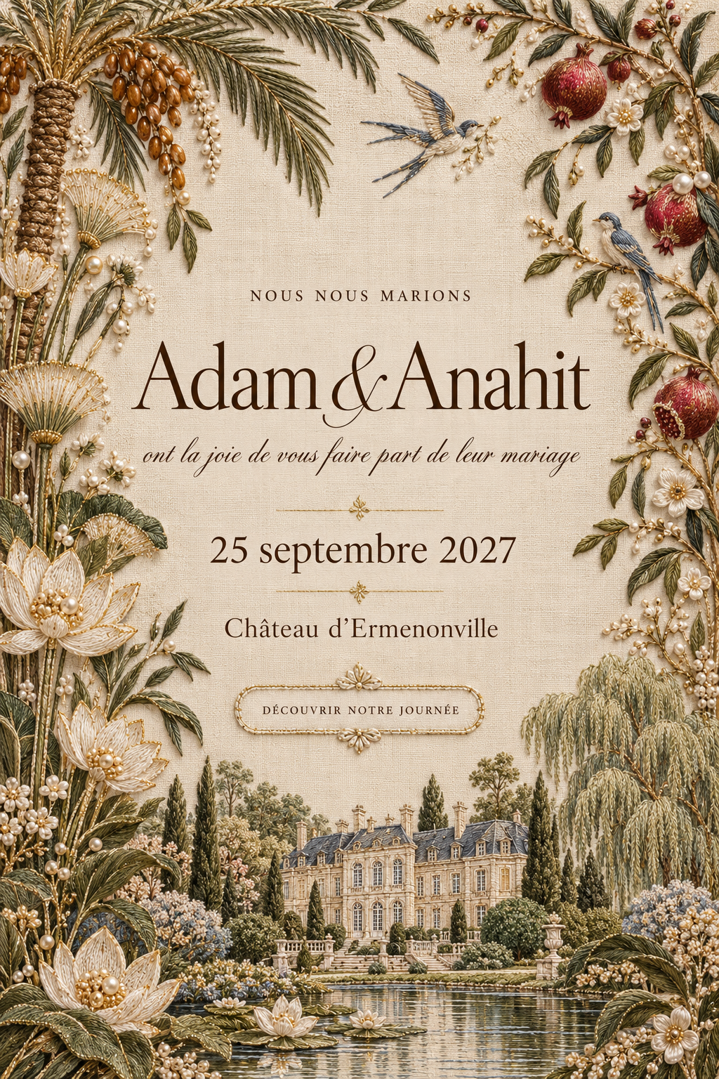 Adam et Anahit ont la joie de vous faire part de leur mariage le 25 septembre 2027 au Château d’Ermenonville. Faire-part sur lin ivoire, orné de palmiers, lotus, grenades et perles brodées, avec un château illustré.